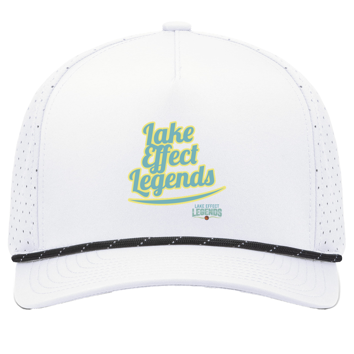 lake-effect-legends-retro-script-pacific-headwear-weekender-perforated-snapback-cap — White/Black — Front — source sha256 1758b3dd63d9828c8b930f72829391e23c4e7d9350f792eeccbb0864ff1202fa — Color position 7