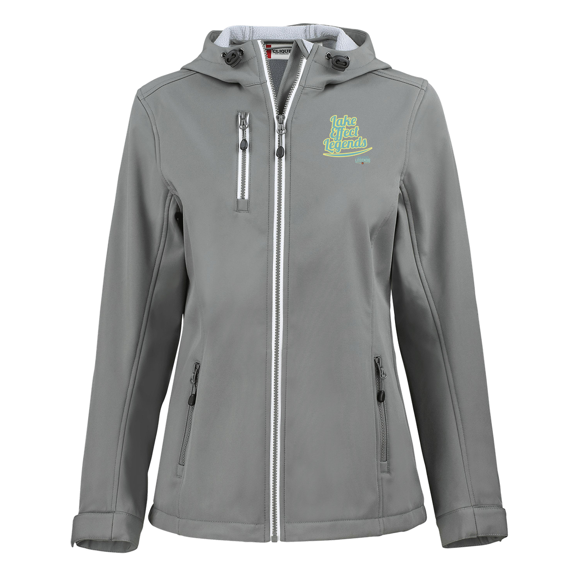 lake-effect-legends-retro-script-clique-womens-eco-stretch-softshell-jacket — Slate — Front — source sha256 1a3b420fa80b622f84dc33f84843ad748cf6d221f27abe6d61b3d4008ad20ad4 — Color position 2