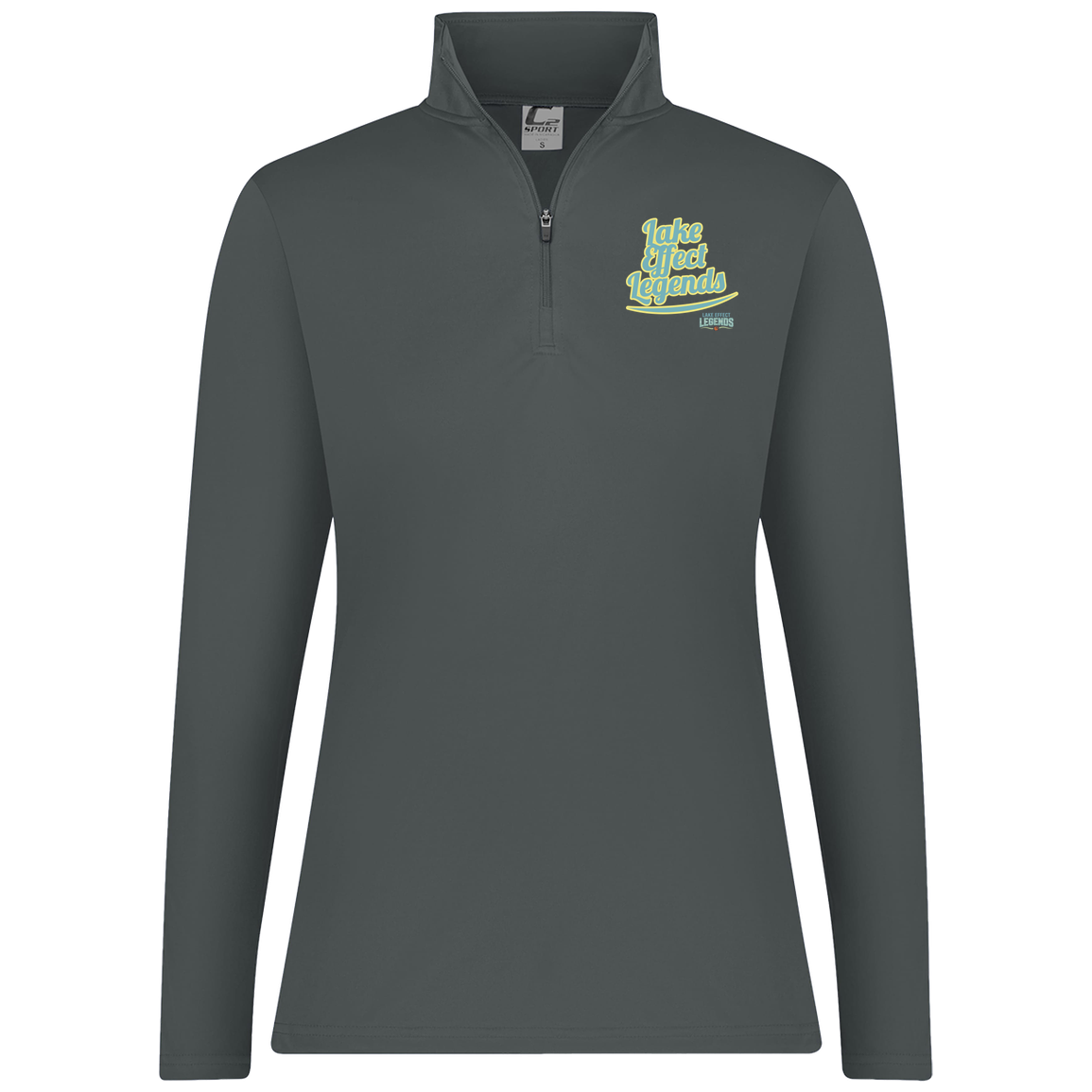 lake-effect-legends-retro-script-c2-womens-1-4-zip-pullover — Graphite — Front — source sha256 4421a26020131ac77d6b6b6aba9cb8a71858d52b0b6f23be8013e3e974cebe06 — Color position 4