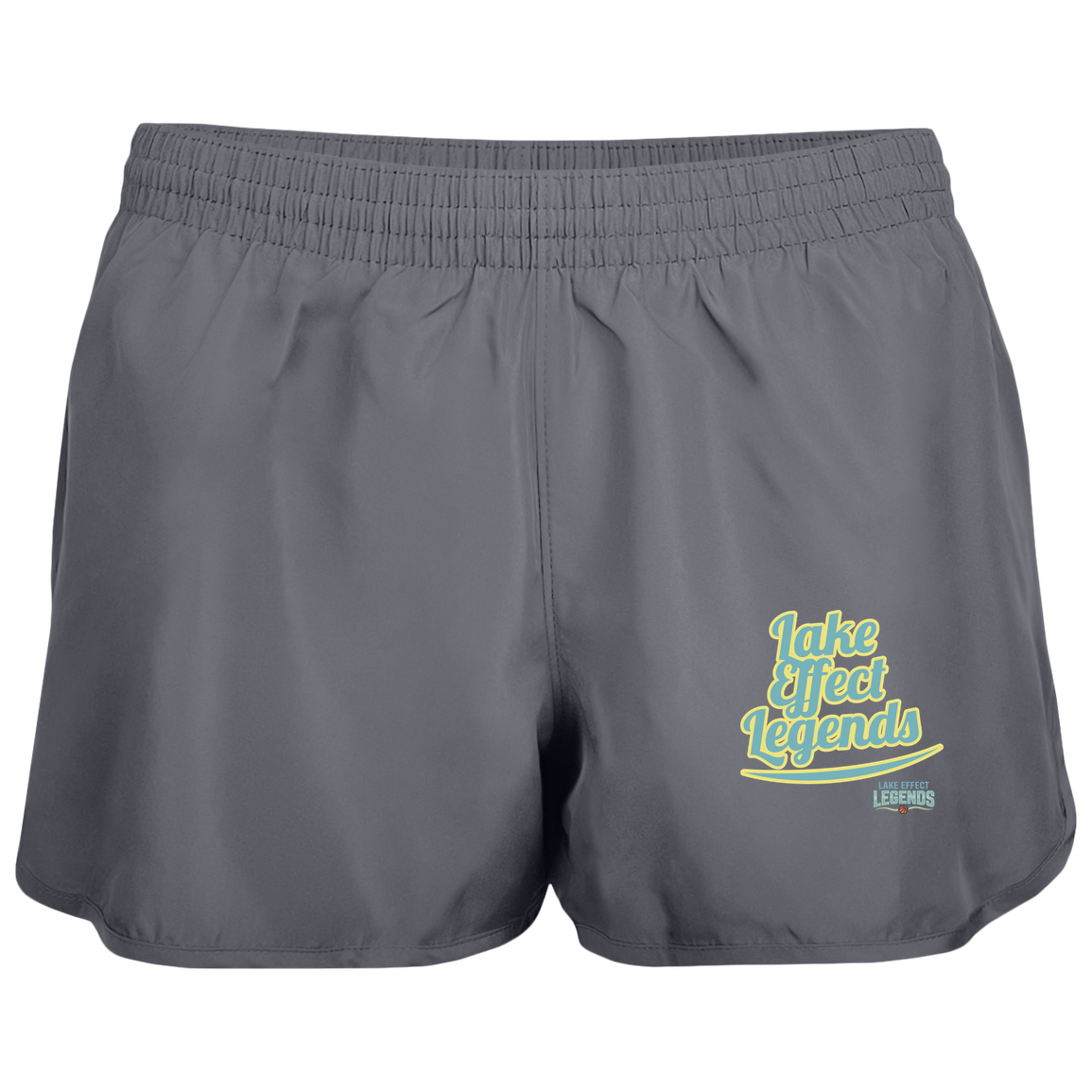 lake-effect-legends-retro-script-augusta-ladies-wayfarer-running-shorts — Graphite — Front — source sha256 4e8e84926057e0a46864be6b6891bab7572f054717c3e9eb038c1bd9d261b60b — Color position 2