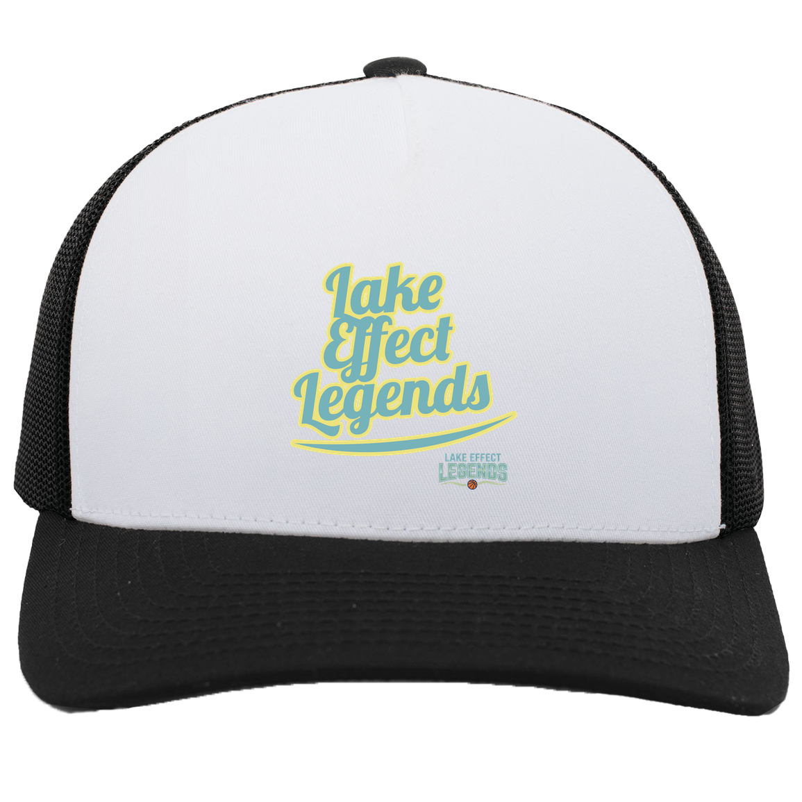 lake-effect-legends-retro-script-pacific-headwear-5-panel-trucker-snapback-cap — White/Black — Front — source sha256 87d05a5b0c0db1afd86e1e635b450e87cba0e8405b06cae860c0b276381095ce — Color position 5