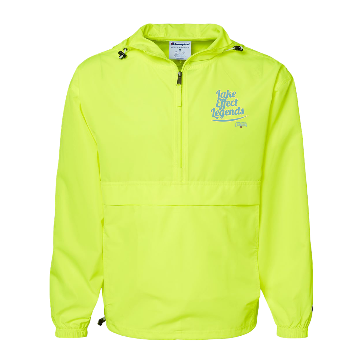 lake-effect-legends-retro-script-champion-unisex-packable-anorak-jacket — Safety Green — Front — source sha256 c167712d1a21abaa09112bcc2813c1411f1d4b8ea4846288dccf31136cdd7835 — Color position 3