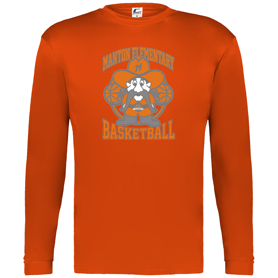 manton-ranger-mascot-hoops-c2-mens-performance-long-sleeve-tee — Orange — Front — source sha256 7ac4ba02c85b97f075f5b14320df6d97d650320c9c677b61855f51333b0835ad — Color position 5