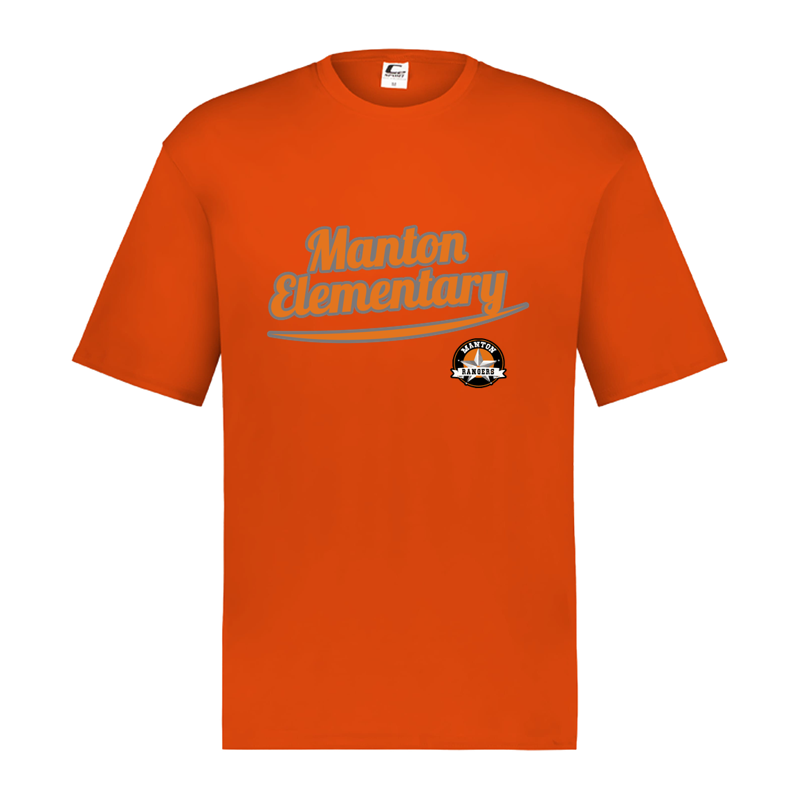manton-vintage-script-c2-mens-performance-short-sleeve-tee — Orange — Front — source sha256 4fb88d4d5eaec90a65ac02536f6864243287816003c9b85558b4bd4a2f365011 — Color position 5