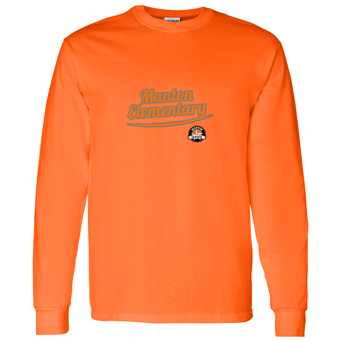 manton-vintage-script-gildan-ls-t-shirt-5-3-oz — Safety Orange — Front — source sha256 74073c8d20087651ee01c56870643d01c282cd5bf41d54553078733d96bcd219 — Color position 6