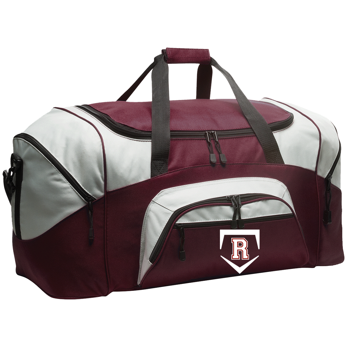 rally-softball-rally-base-original-white-port-company-sport-duffel — Maroon/Gray — Front — source sha256 43bf7fe876c8707e409d2e074a08a6f44ce9247cd273480a65fa292d78edacff — Color position 4