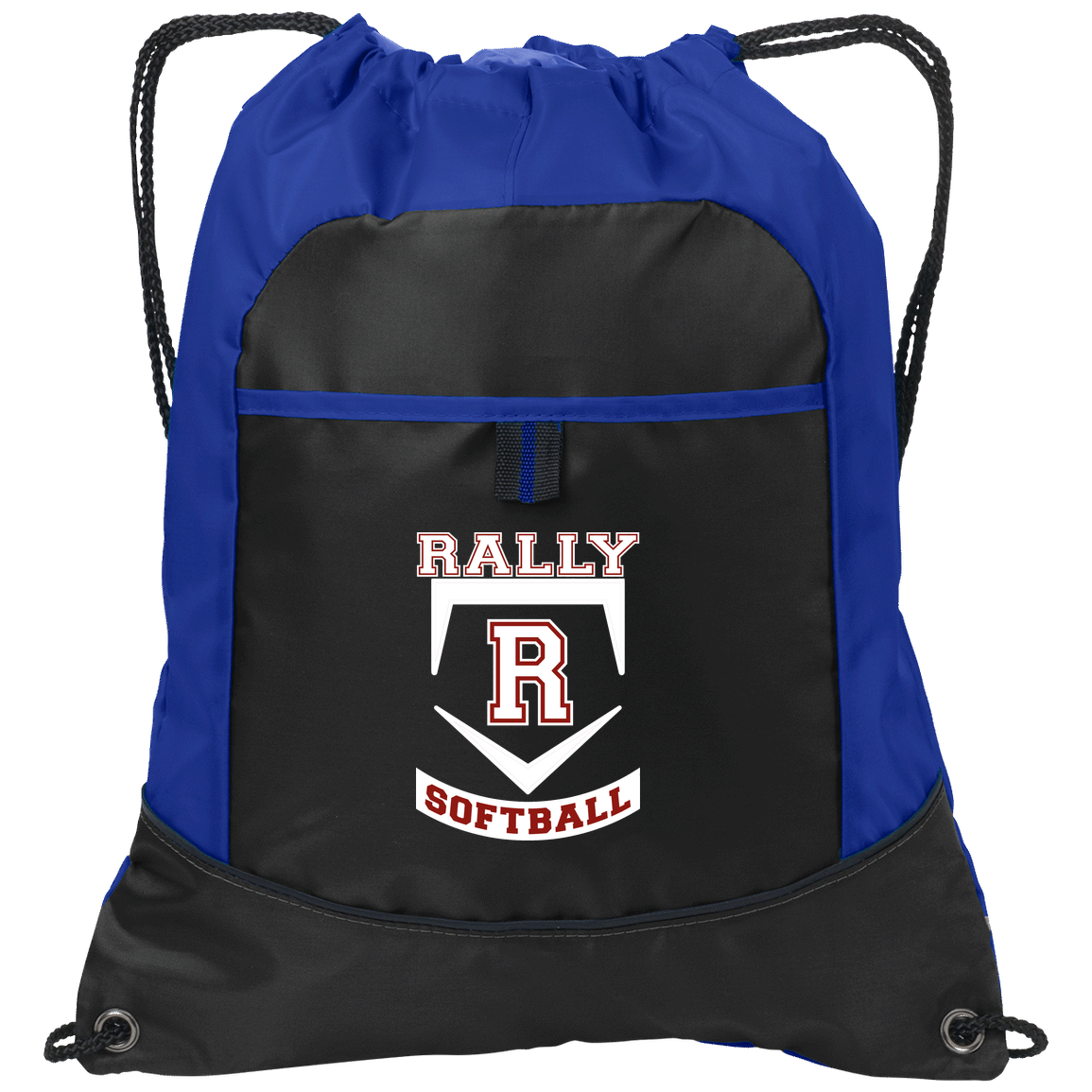 rally-softball-base-white-port-authority-pocket-cinch-pack — Black/Hyper Blue — Front — source sha256 1c25e7b7fa7d4c8b3b11e3219ee8ac3dbde64765b55334c7c92fa69150375b8a — Color position 2