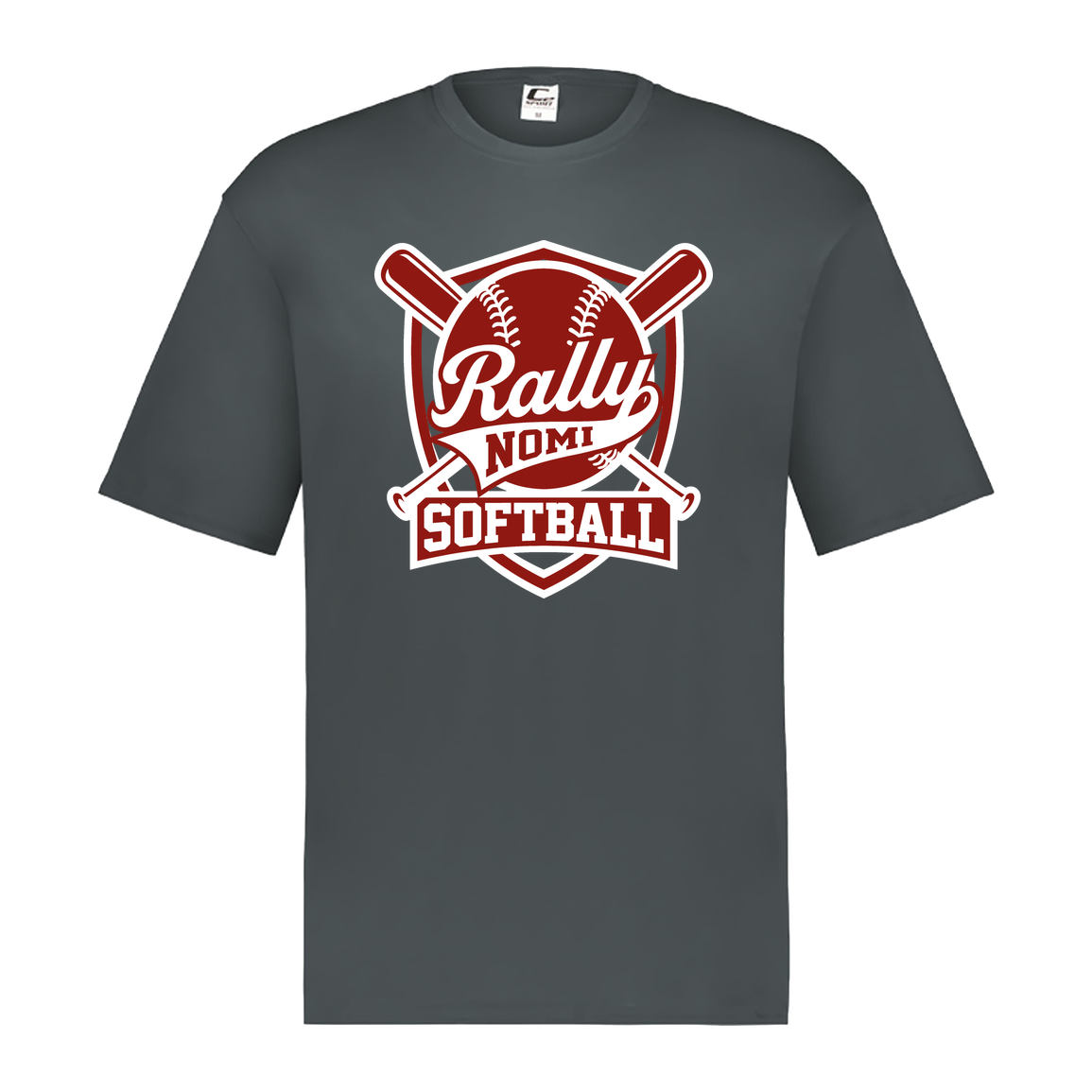 rally-softball-rally-shield-white-c2-mens-performance-short-sleeve-tee — Graphite — Front — source sha256 09e1c139b12d2b12373c1e842c5b77b2dbb4b253a122342e89d5c1b6b0dc3b0d — Color position 2