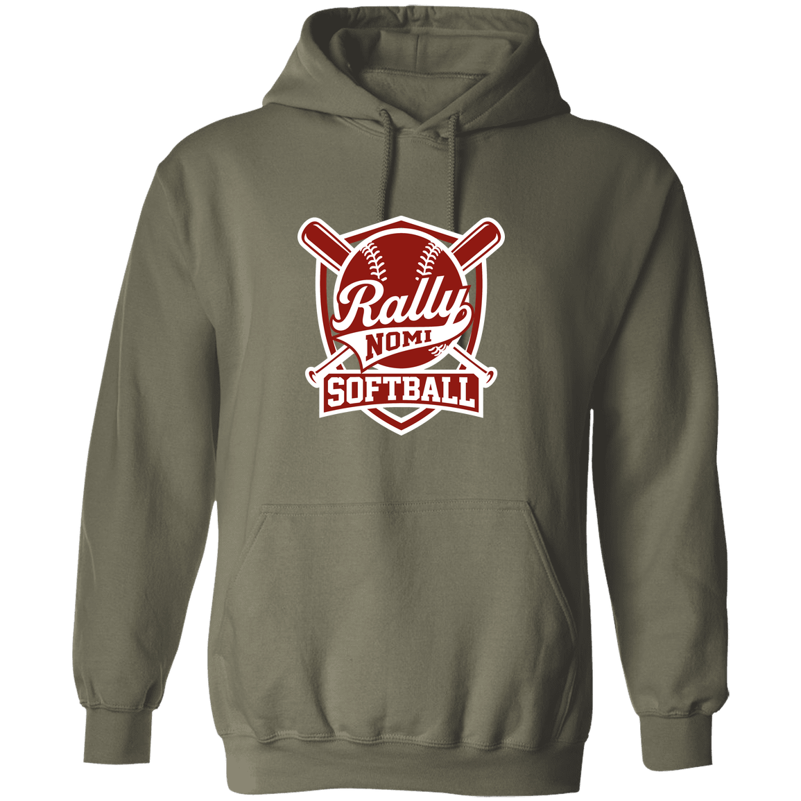 rally-softball-rally-shield-white-gildan-pullover-hoodie — Military Green — Front — source sha256 4de23cdaf2bf4bb1a7bc76cb46ba77b56209ffd086940cc03a68dd564a668c47 — Color position 2