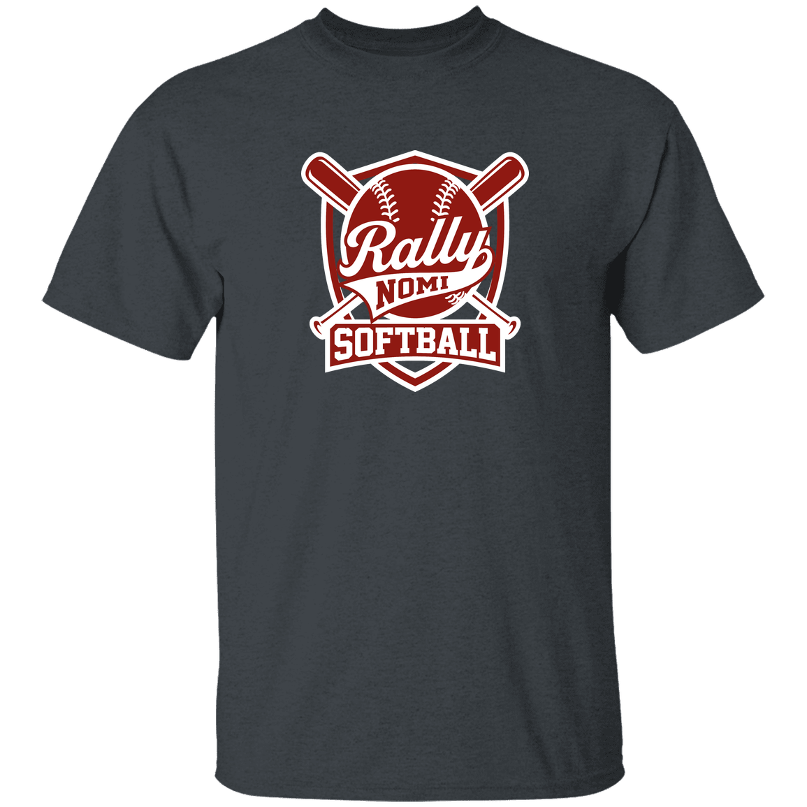 rally-softball-rally-shield-white-gildan-youth-5-3-oz-100-cotton-t-shirt — Dark Heather — Front — source sha256 91e28aa86d921026a76b434956f87d70a87db1f95c0f916a9145a834562da1f1 — Color position 1