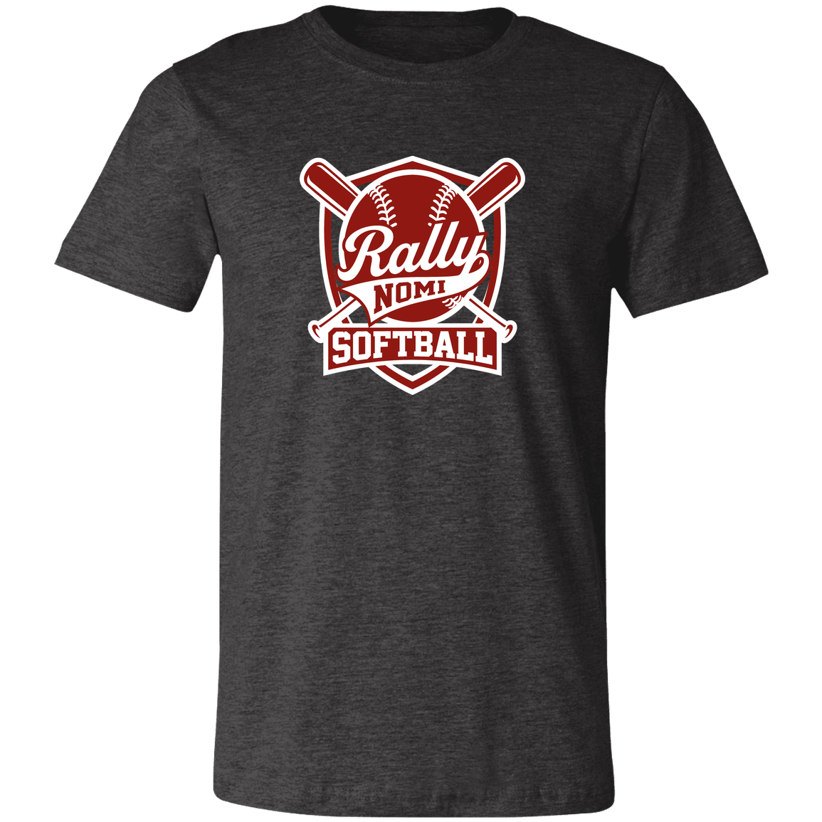 rally-softball-rally-shield-white-bella-canvas-unisex-jersey-short-sleeve-t-shirt — Dark Grey Heather — Front — source sha256 bf061e15c58f0ea7d4a4b8b04b189642297afb1099a0fd035369d8e3cbd5be72 — Color position 3