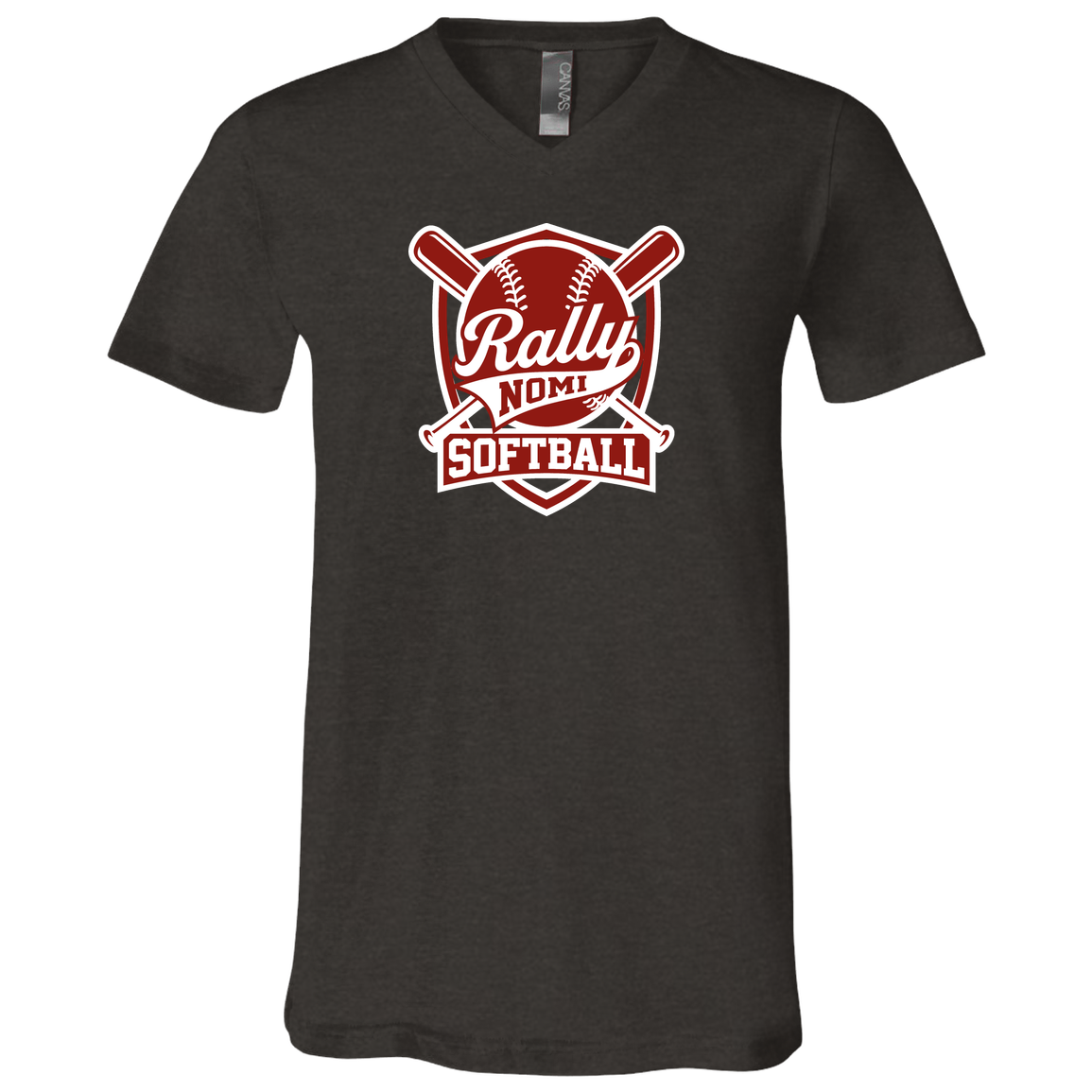 rally-softball-rally-shield-white-bella-canvas-unisex-jersey-ss-v-neck-t-shirt — Dark Grey Heather — Front — source sha256 d4061eefee3bdf60aabb188d693dff225ce734c5ca99589bb17fe0749a4726da — Color position 1