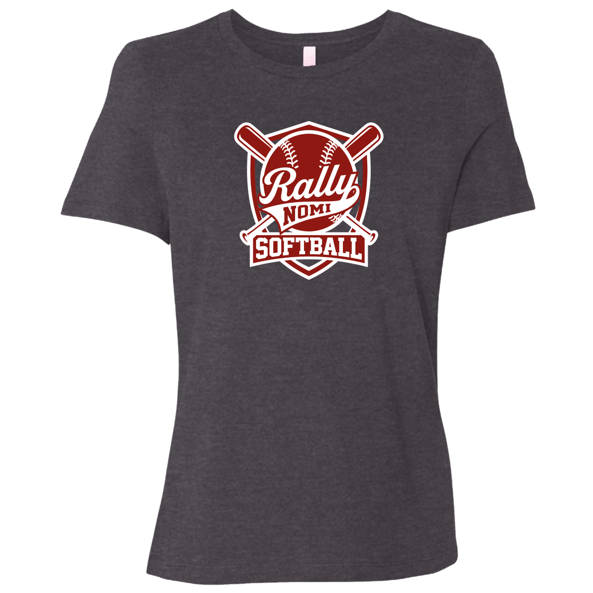 rally-softball-rally-shield-white-bella-canvas-ladies-relaxed-jersey-short-sleeve-t-shirt — Dark Grey Heather — Front — source sha256 ea7a315ac0044889733de6e553165a6bfe05856f3785fbc5fa6db2a948c9937b — Color position 1