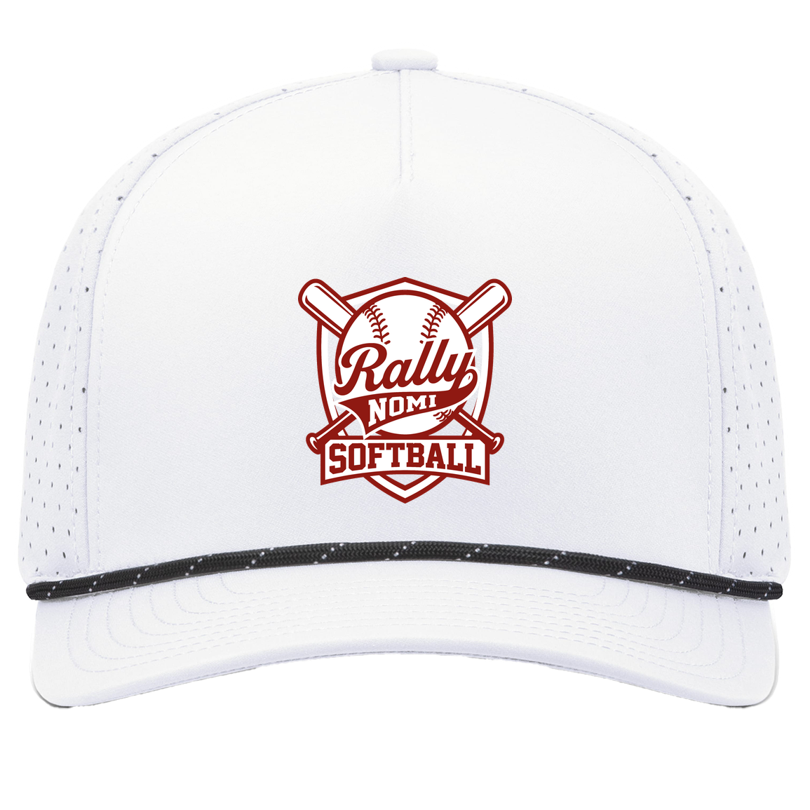 rally-softball-rally-shield-pacific-headwear-weekender-perforated-snapback-cap — White/Black — Front — source sha256 f08282ff56fc7065203969056068776c4687bc9007e426de90f5e4aa83763bd0 — Color position 7