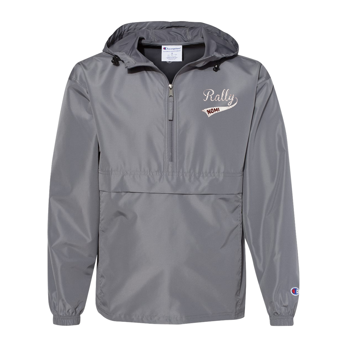 rally-softball-rally-signature-white-champion-unisex-packable-anorak-jacket — Graphite — Front — source sha256 7257d08362abd393ad0cca3c102779e0ce19b9690eb30d397f0c6a48125ba0e5 — Color position 2