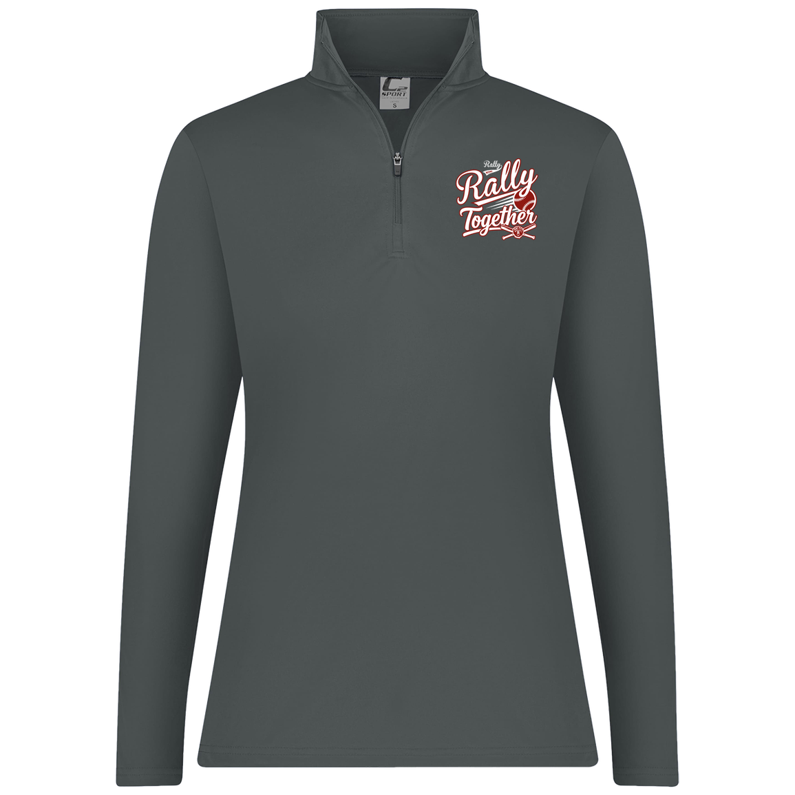 rally-softball-rally-together-white-c2-womens-1-4-zip-pullover — Graphite — Front — source sha256 01bf82c74ff76e55e57570f053517ae0dddee7b49b716f5b1302daf3c6f903bf — Color position 2