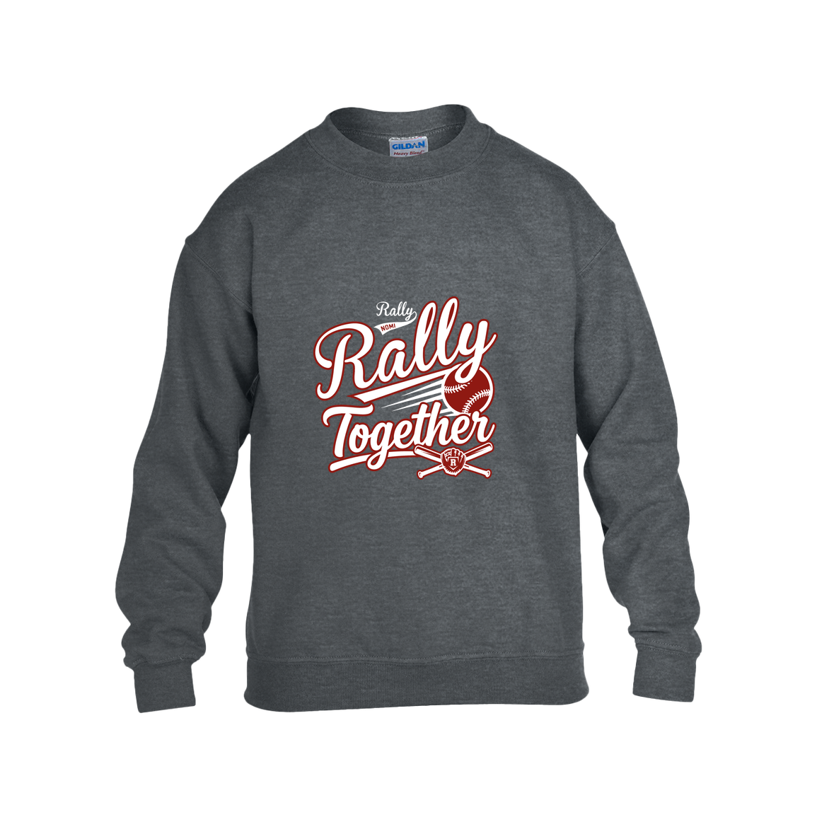 rally-softball-rally-together-white-gildan-kids-heavy-blend-fleece-crew — Dark Heather — Front — source sha256 2f61762c6047628a30ba87341058b52ccc146b6998653c720c707fae53d7fe3c — Color position 2