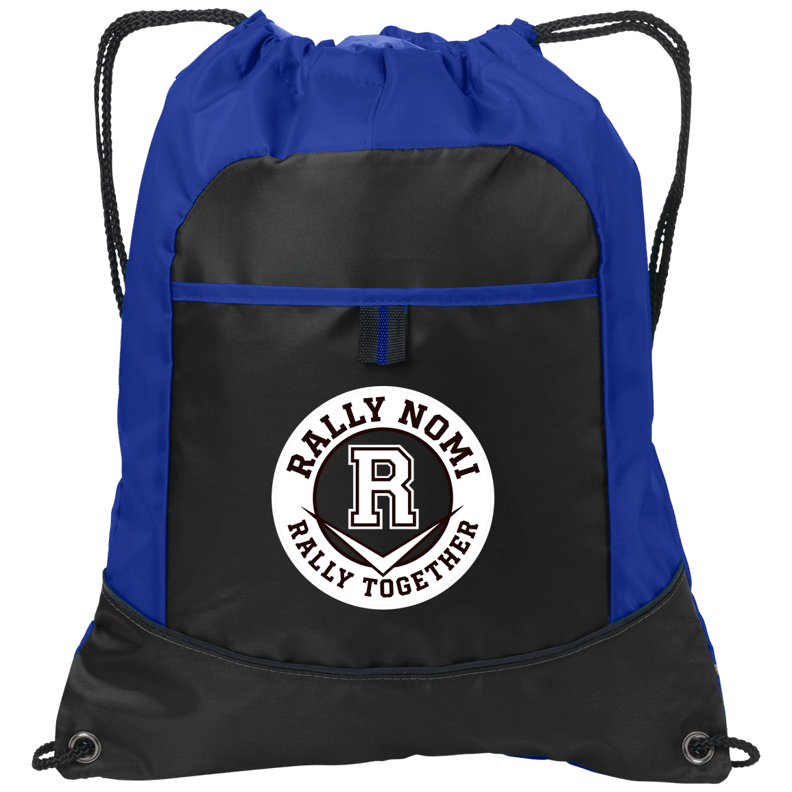 rally-softball-rally-together-circle-white-port-authority-pocket-cinch-pack — Black/Hyper Blue — Front — source sha256 3c8b5091a17a27a81b3809e9ccc79370d2b1c6e1822a82b6d351d4732962e4b9 — Color position 2