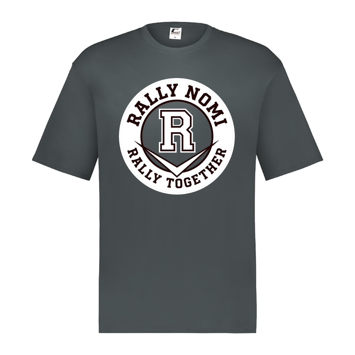 rally-softball-rally-together-circle-white-c2-mens-performance-short-sleeve-tee — Graphite — Front — source sha256 5d2ade5d59f7d0e3840cabfffae2de5f65c646f1bcd3347685be7038a8e72c92 — Color position 2