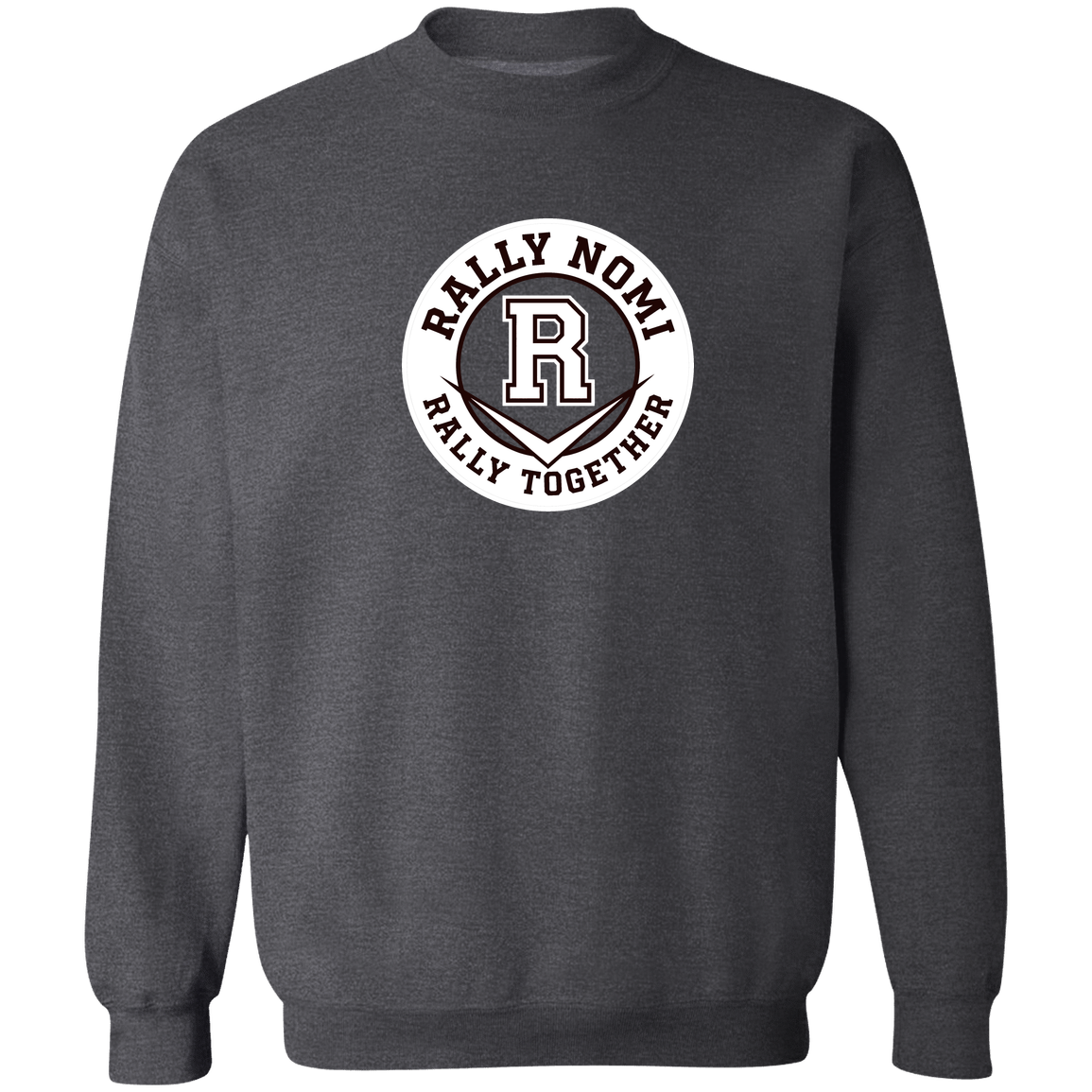 rally-softball-rally-together-circle-white-gildan-crewneck-pullover-sweatshirt — Dark Heather — Front — source sha256 f1ee7a563eae54a638a8905a04e6447c8e924b1c5247a789c5c93373dd36c540 — Color position 4