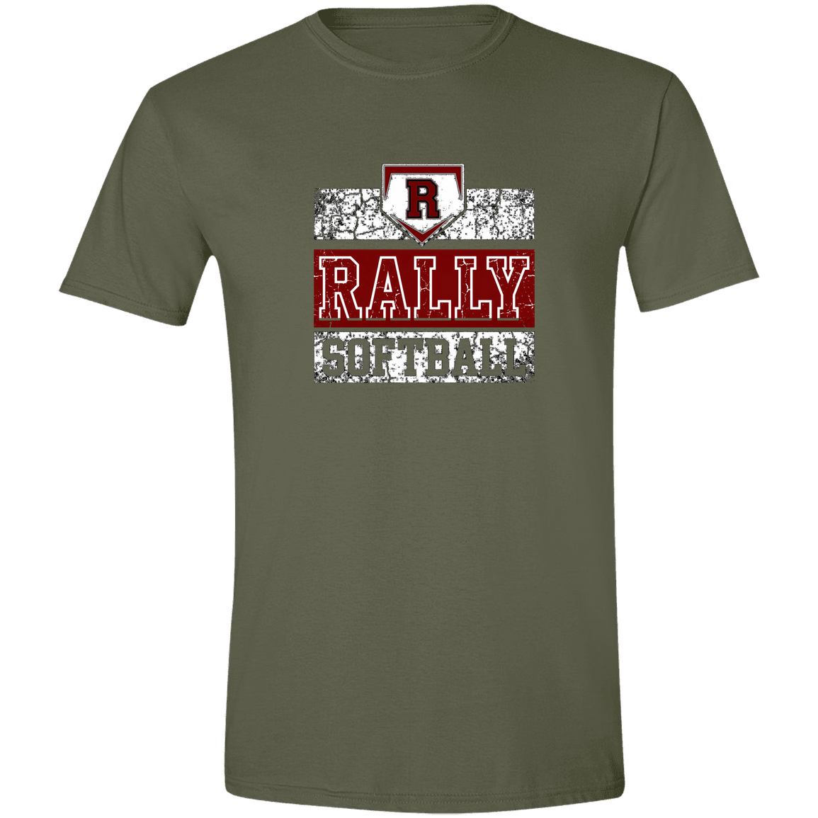 rally-softball-rally-vintage-white-gildan-mens-softstyle-tee — Military Green — Front — source sha256 355257f259dcf7014d75c27199535b1ec6d25cade0f656d74472c1cccb237763 — Color position 1