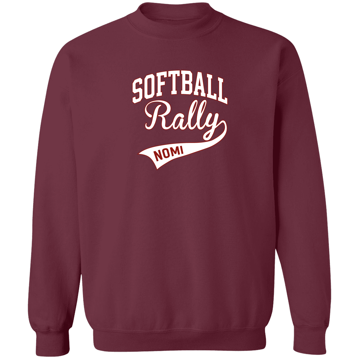 rally-softball-softball-rally-signature-white-gildan-crewneck-pullover-sweatshirt — Maroon — Front — source sha256 295d0757ecf5f8c0d632030234d76393f09a7e0f58f1eab37009ad132874a0ec — Color position 4