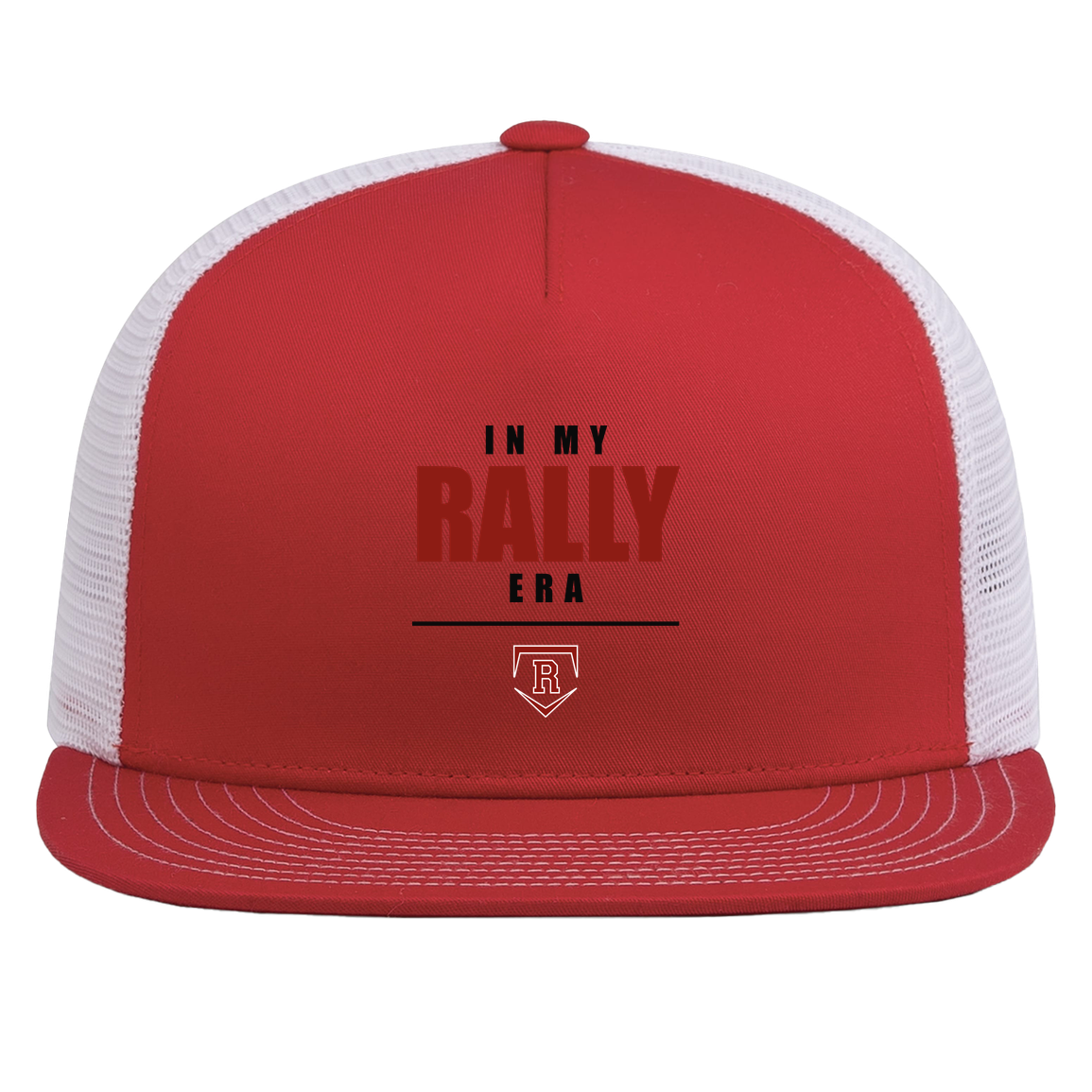 rally-stx-era-stack-pacific-headwear-d-series-5-panel-trucker-snapback-cap — Red/White — Front — source sha256 f7f8838807210f04fc561671cef89d5604416efd6497e516ec0cf1109c1dde63 — Color position 6