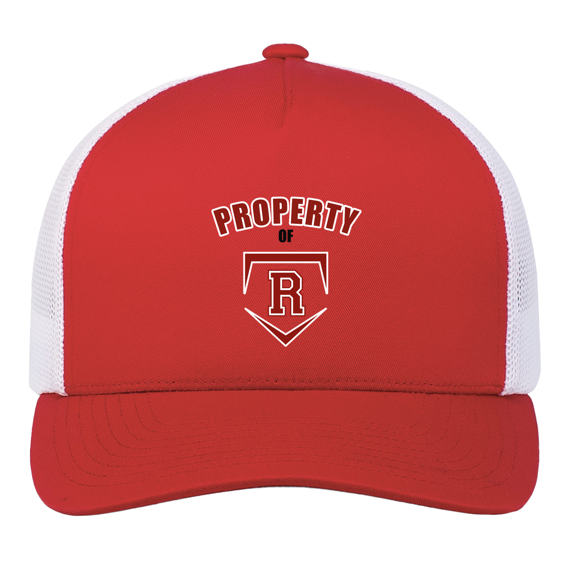 rally-stx-property-of-pacific-headwear-5-panel-trucker-snapback-cap — Red/White — Front — source sha256 af942382d7da443b03fb7adbf08e4e42c38d2e7586a60cdba7c2386f255191a8 — Color position 5