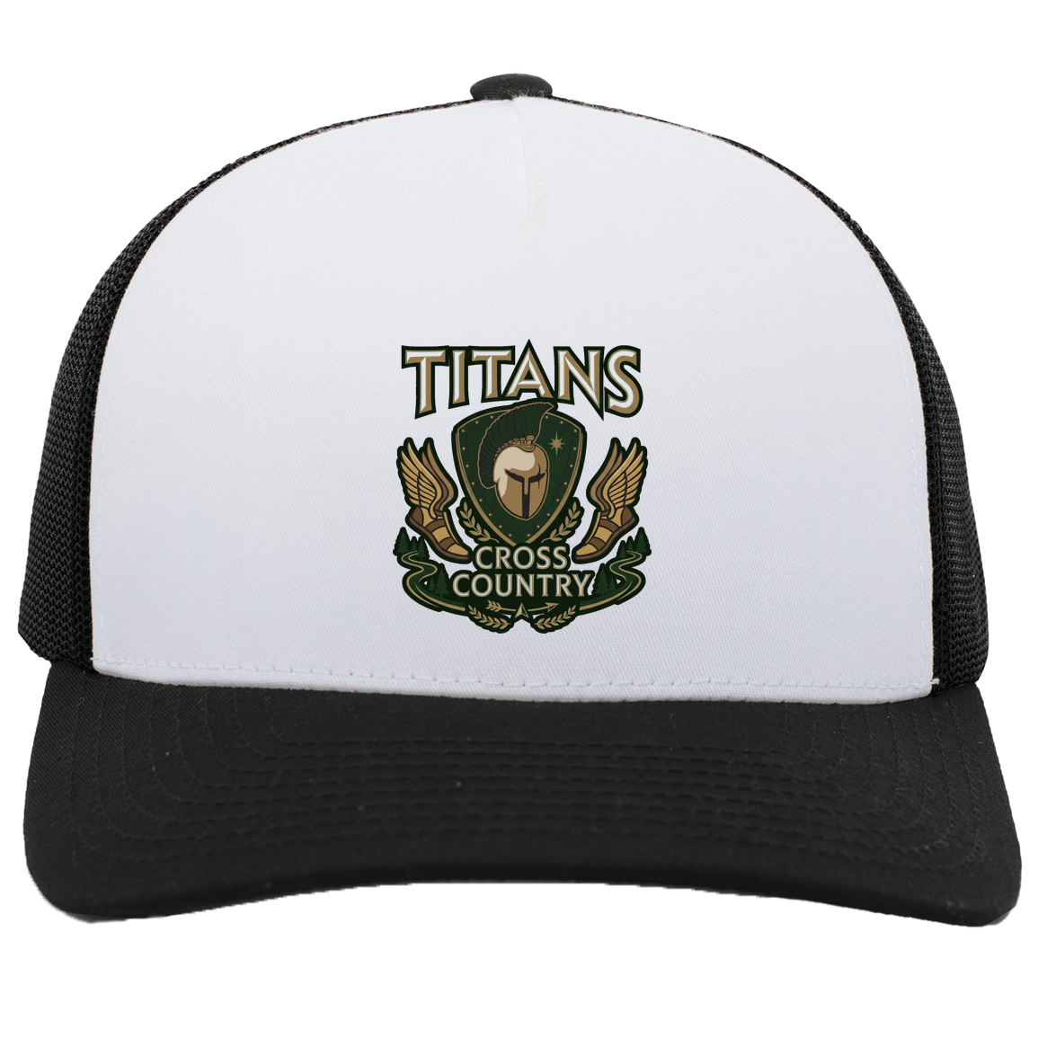 tc-titans-cross-country-insignia-pacific-headwear-5-panel-trucker-snapback-cap — White/Black — Front — source sha256 e829ad0f49150c4673296f8c8a46c82c923248220dc03deba37cbe65daaff354 — Color position 5