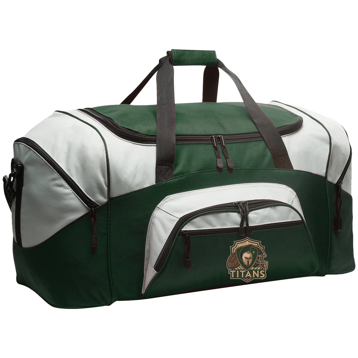 tc-titans-football-crest-v2-port-company-sport-duffel — Hunter Green/Gray — Front — source sha256 bdfa3703b583144d5ee82b52040986ce07db54d8446a8531274044af147760e1 — Color position 3