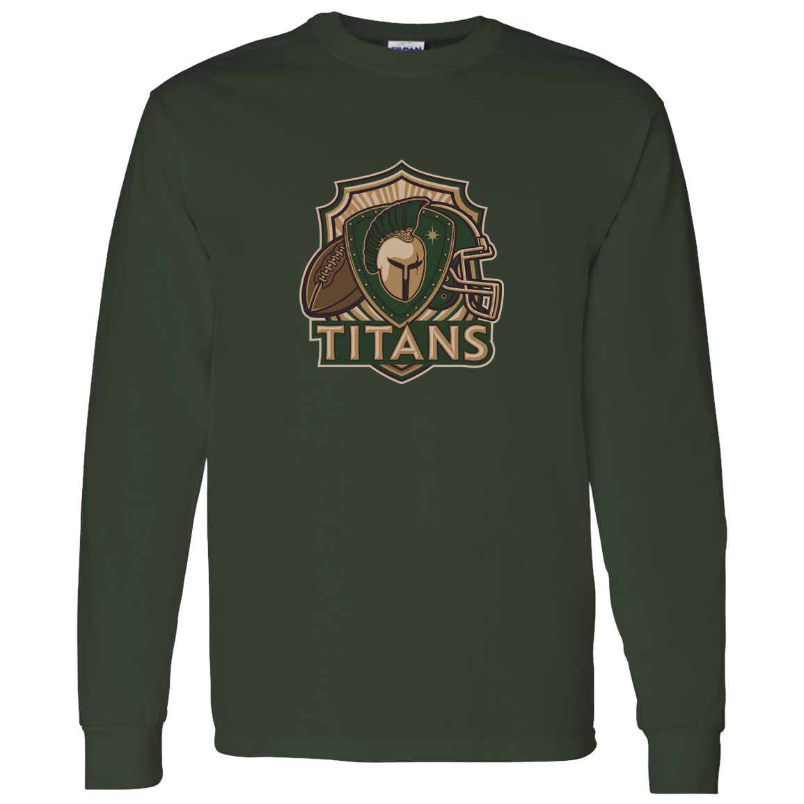 tc-titans-football-crest-v2-gildan-ls-t-shirt-5-3-oz — Forest Green — Front — source sha256 d791def7267bcb44f764a2eb67e681d26866b231f7483a18e5d2ca22101dd918 — Color position 6