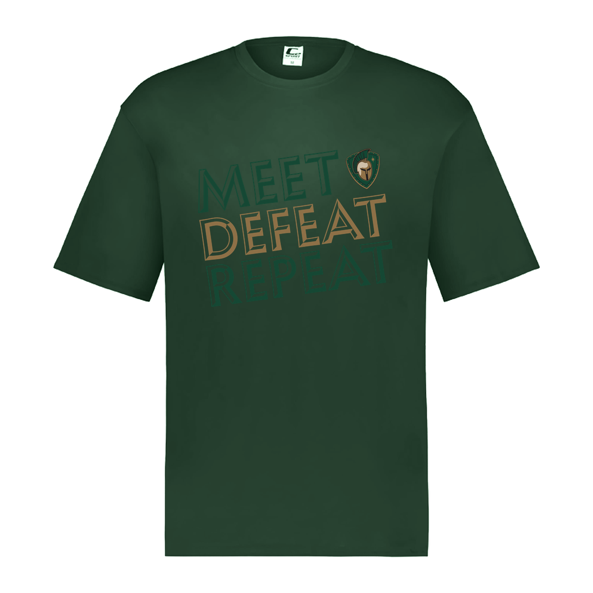 tc-titans-meet-defeat-repeat-c2-mens-performance-short-sleeve-tee — Dark Green — Front — source sha256 0ae23729aa927402b92b23aa449b2623a378c4b0c3666d3c9ffc77358e430f23 — Color position 5