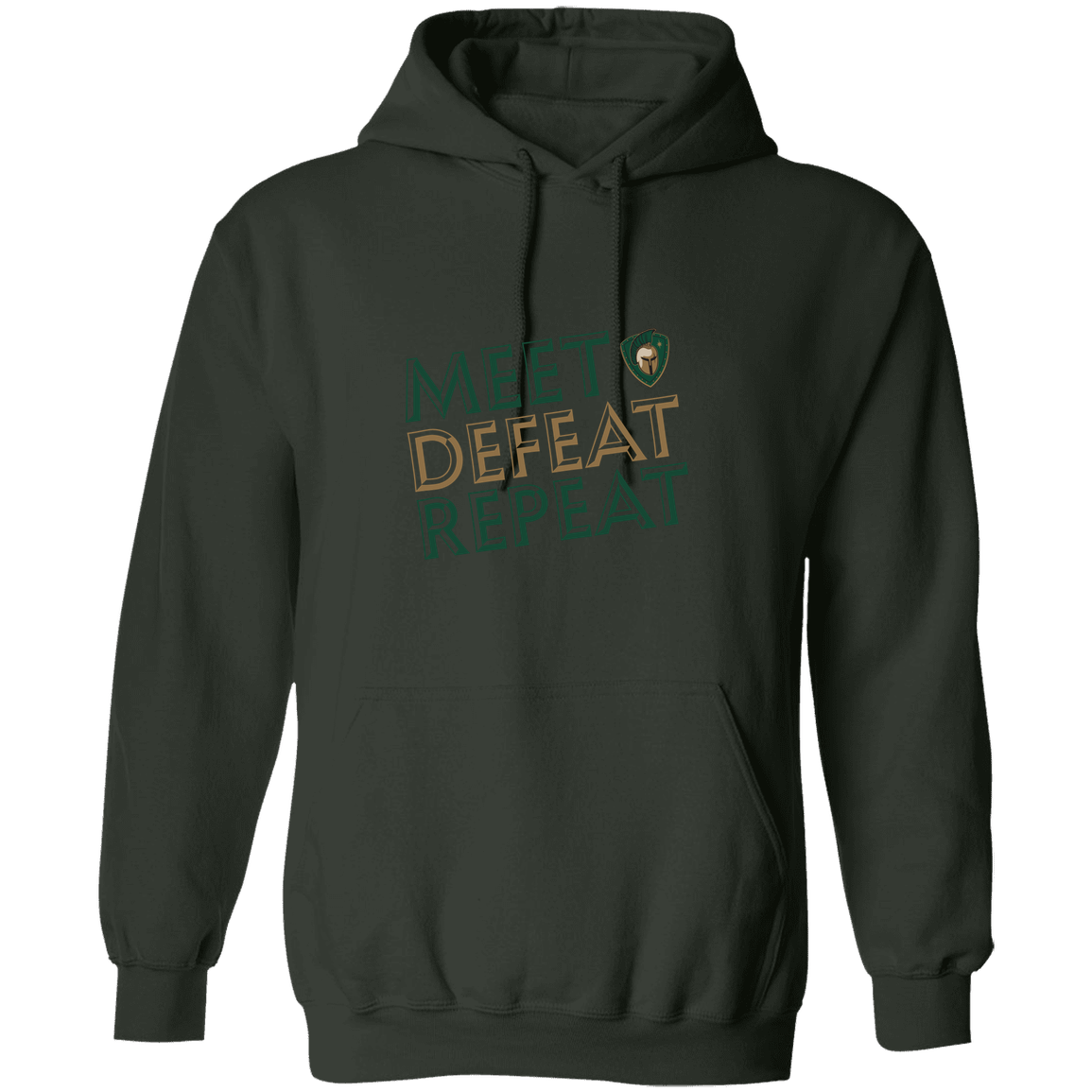 tc-titans-meet-defeat-repeat-gildan-pullover-hoodie — Forest Green — Front — source sha256 e80ab0afd10353d886c4205bbddf0ee0b2d0fe6ae426f2ad0bf2ada902bfa532 — Color position 7