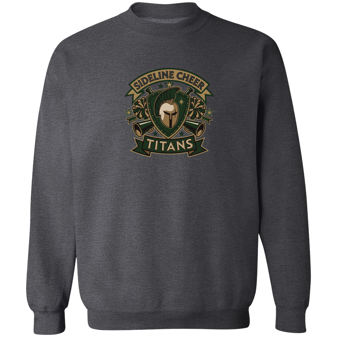 tc-titans-sideline-cheer-insignia-gildan-crewneck-pullover-sweatshirt — Dark Heather — Front — source sha256 99ddb8470fc9ec64e36c4d89ead61fcd3fd0b44c401163e68f911d3f25bab296 — Color position 6