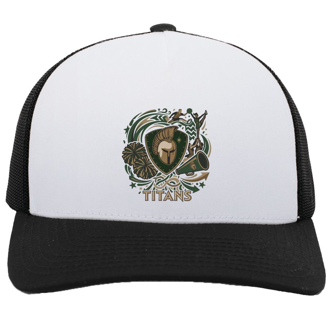 tc-titans-sideline-cheer-rally-v2-pacific-headwear-5-panel-trucker-snapback-cap — White/Black — Front — source sha256 17f4f464a08ea55f1bd8f20fa82996834a63c1612bc35dda75e77991abd7df2a — Color position 5