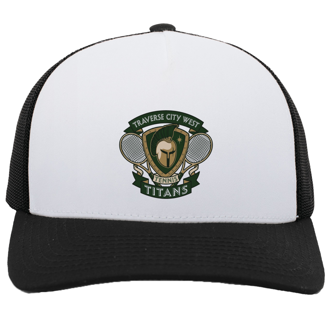 tc-titans-tennis-insignia-pacific-headwear-5-panel-trucker-snapback-cap — White/Black — Front — source sha256 a9ff397d8f3a83a2a0a9fc390861804f845b01375c447e384e784cae44d24738 — Color position 5