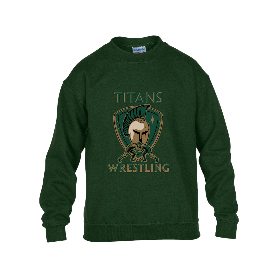 tc-titans-titan-crest-gildan-kids-heavy-blend-fleece-crew — Forest Green — Front — source sha256 a7180b60b269a006ee1386ecbcb8740d6c0498f9c35eed90d5406960f9cad6f5 — Color position 5