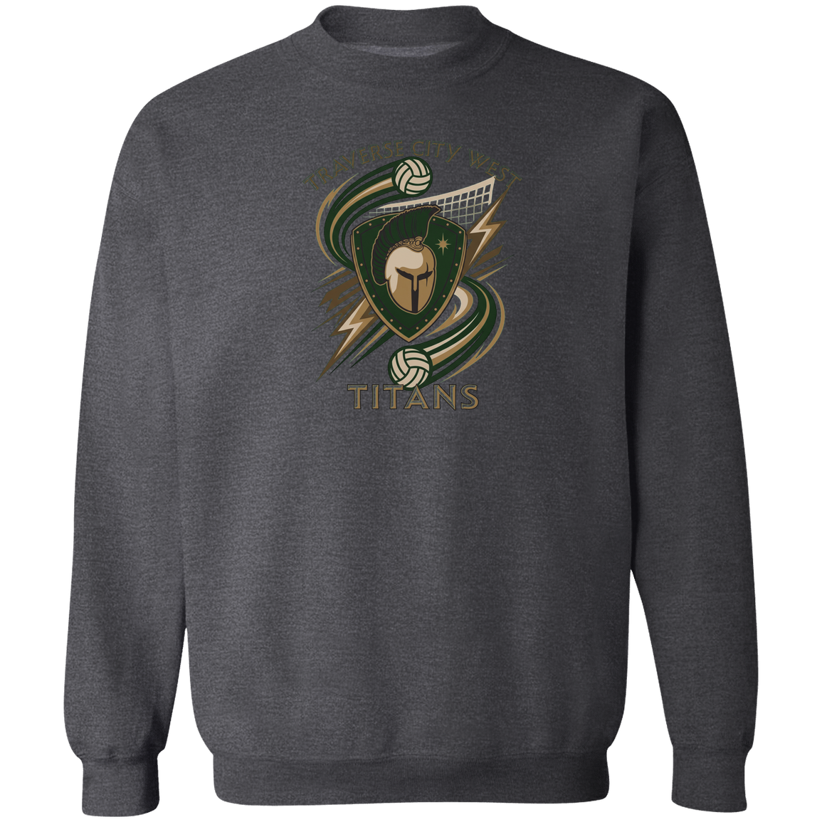 tc-titans-volleyball-rally-gildan-crewneck-pullover-sweatshirt — Dark Heather — Front — source sha256 0ae78f33717cac2f21c919d8533b4723aeb8354b6eb055290b55d6a60e511b13 — Color position 6