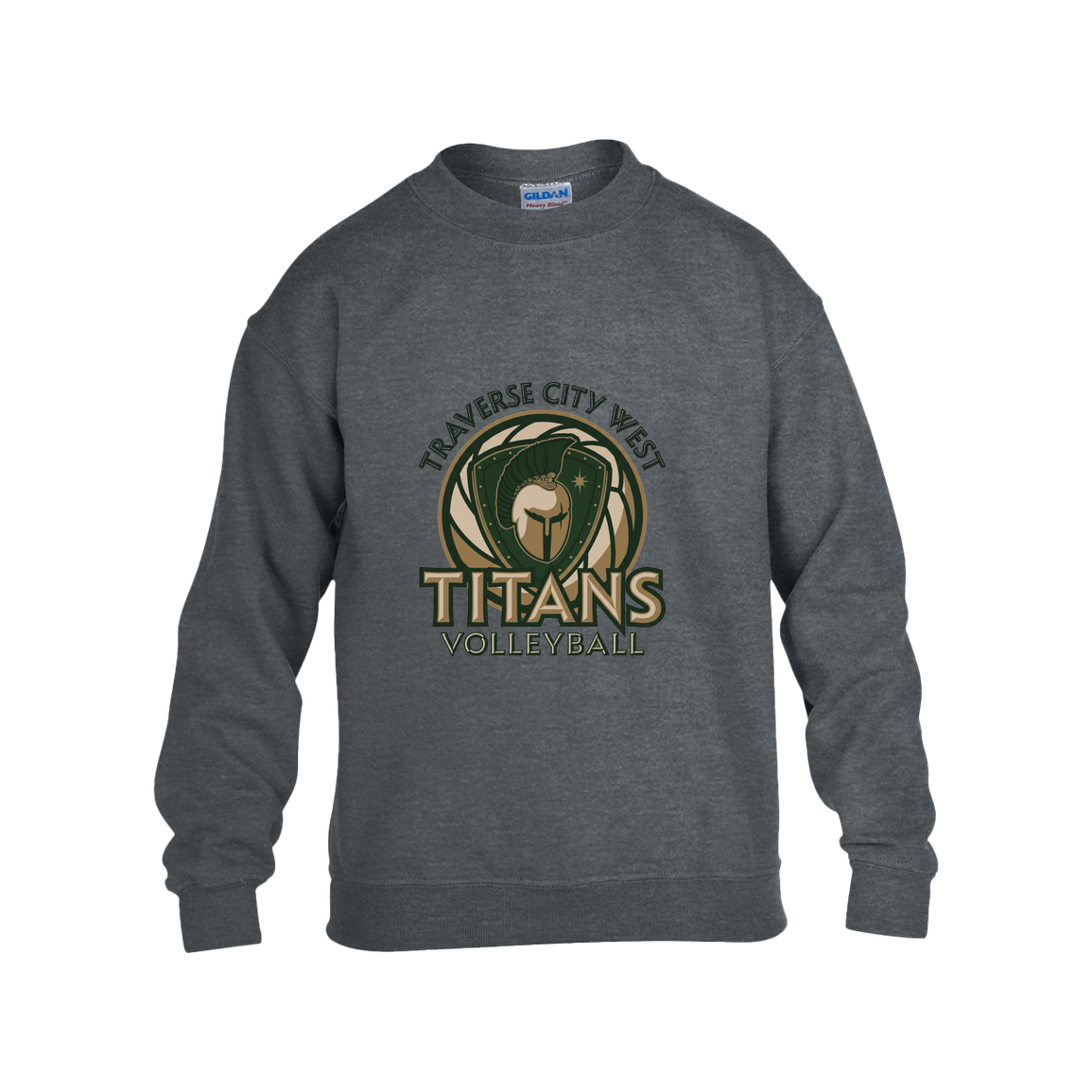 tc-titans-volleyball-bold-mascot-gildan-kids-heavy-blend-fleece-crew — Dark Heather — Front — restored 2026-09-05 — source sha256 faa7ca3fc3b1c415cc7bdff4f6e82f7f0477f1c4cb83abbd05276e7bbf1385b7
