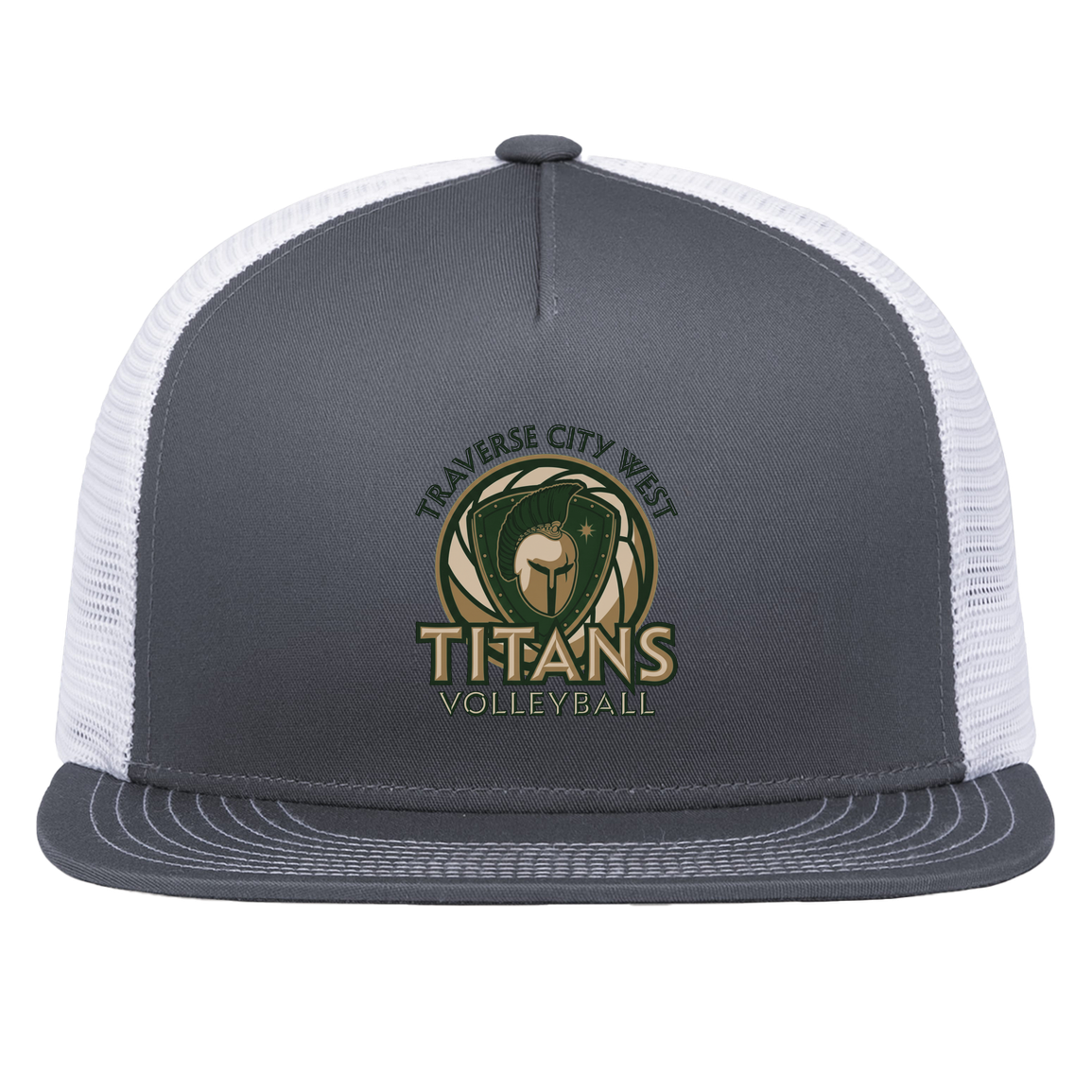 tc-titans-volleyball-bold-mascot-pacific-headwear-d-series-5-panel-trucker-snapback-cap — Graphite/White — Front — restored 2026-09-05 — source sha256 a9bfb8fb6cf8204057a5376fa8313147e18486d66d3469b9b27b5f00dfc93910