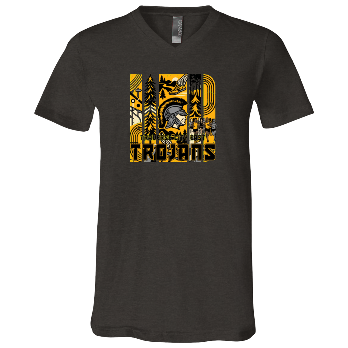 tc-trojans-cross-country-tiles-v2-bella-canvas-unisex-jersey-ss-v-neck-t-shirt — Dark Grey Heather — Front — source sha256 0507d501b4340a5779df6e707117371501cb06f96329da707d67a2390a66e40d — Color position 3