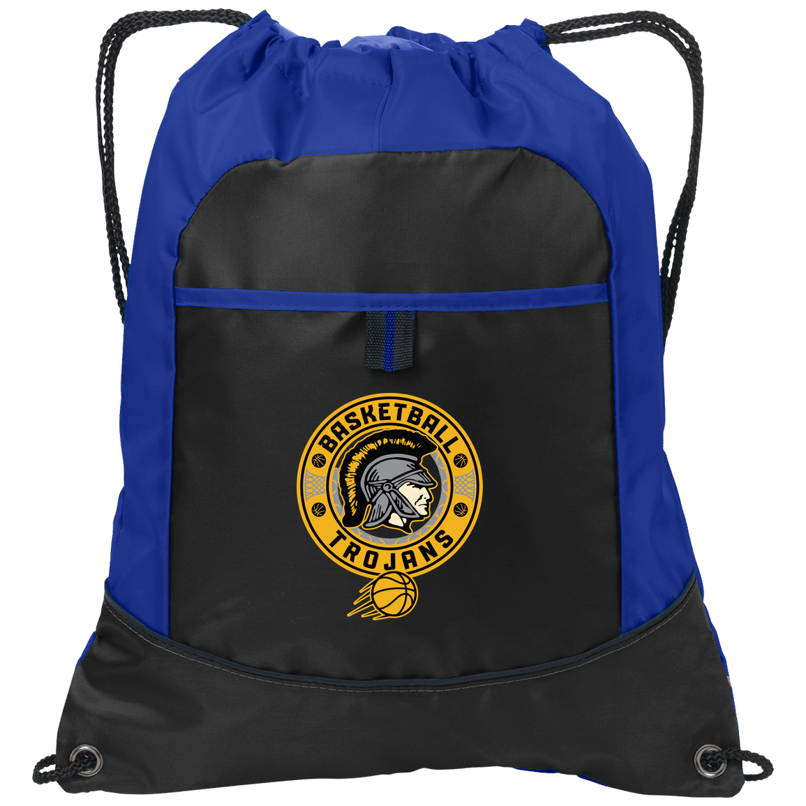 tc-trojans-retro-80s-90s-port-authority-pocket-cinch-pack — Black/Hyper Blue — Front — source sha256 82527595a1a7ce2762d3983882f170868f0ab7074cd448a997e4118304eb8233 — Color position 1