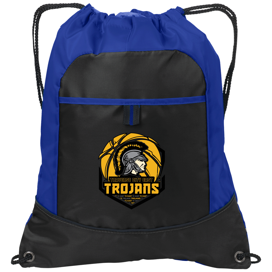 tc-trojans-trojans-team-apparel-port-authority-pocket-cinch-pack — Black/Hyper Blue — Front — source sha256 4ee98f6cf60caab602ca8973719072f58e791296a2980e11b13303abc783f4ee — Color position 1