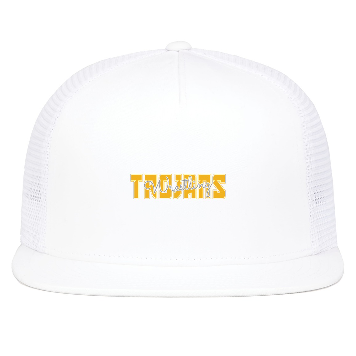 tc-trojans-varsity-script-pacific-headwear-d-series-5-panel-trucker-snapback-cap — White — Front — source sha256 8fac884bc390e2837fd806d977cad5fd74c4a8a9a44a26cb053b6b08d84a14d9 — Color position 5