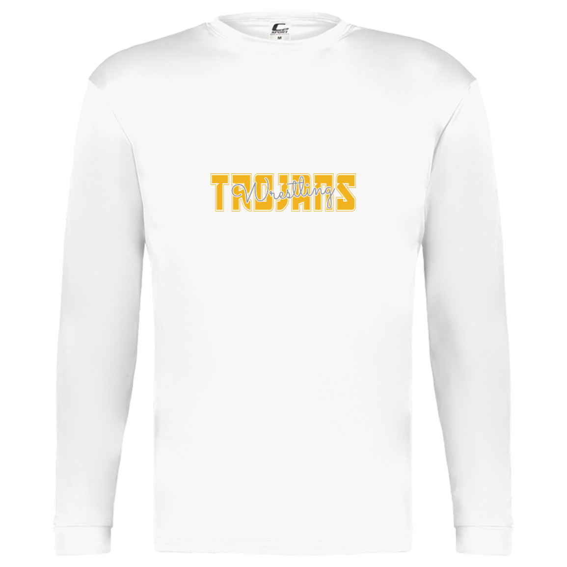 tc-trojans-varsity-script-c2-kids-performance-long-sleeve-tee — White — Front — source sha256 d119dc54f95abc7ee61decafcb1f2704334da580f17f7cd5b9bce2622282c725 — Color position 4
