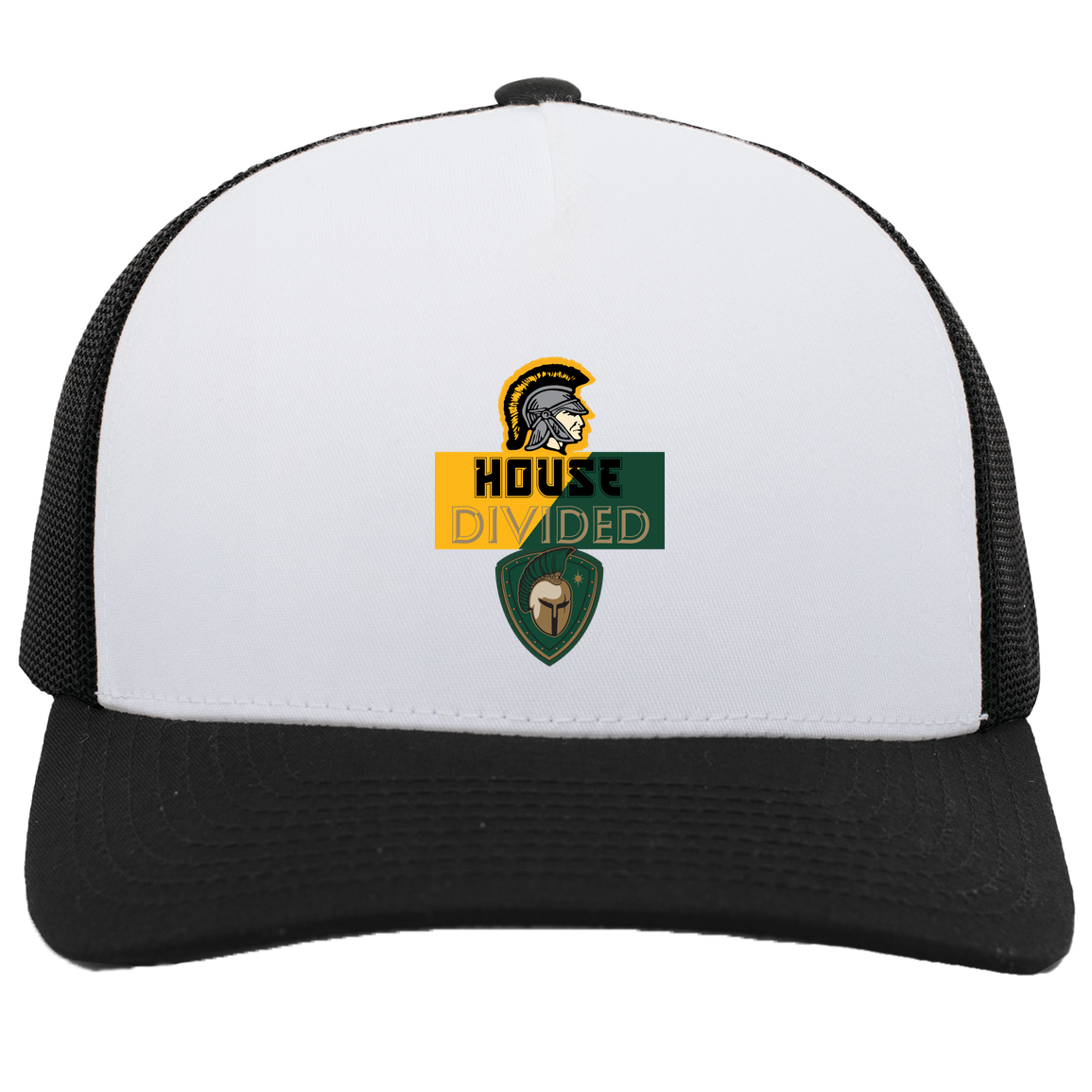 tc-united-house-divided-pacific-headwear-5-panel-trucker-snapback-cap — White/Black — Front — source sha256 c8e5ee5fdd249ed2d127045e5a81a396d322fa50b5e74f28e5579a97c6775ea3 — Color position 4