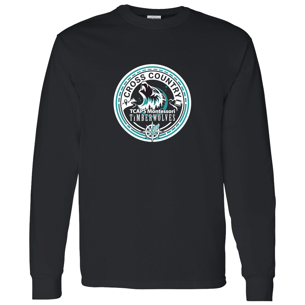 tcaps-montessori-cross-country-seal-white-gildan-ls-t-shirt-5-3-oz — Black — Front — source sha256 3ce5ef25f571e3447f379f597f2096c2e62f4ac2892c1613a0b51a452d0395a5 — Color position 1