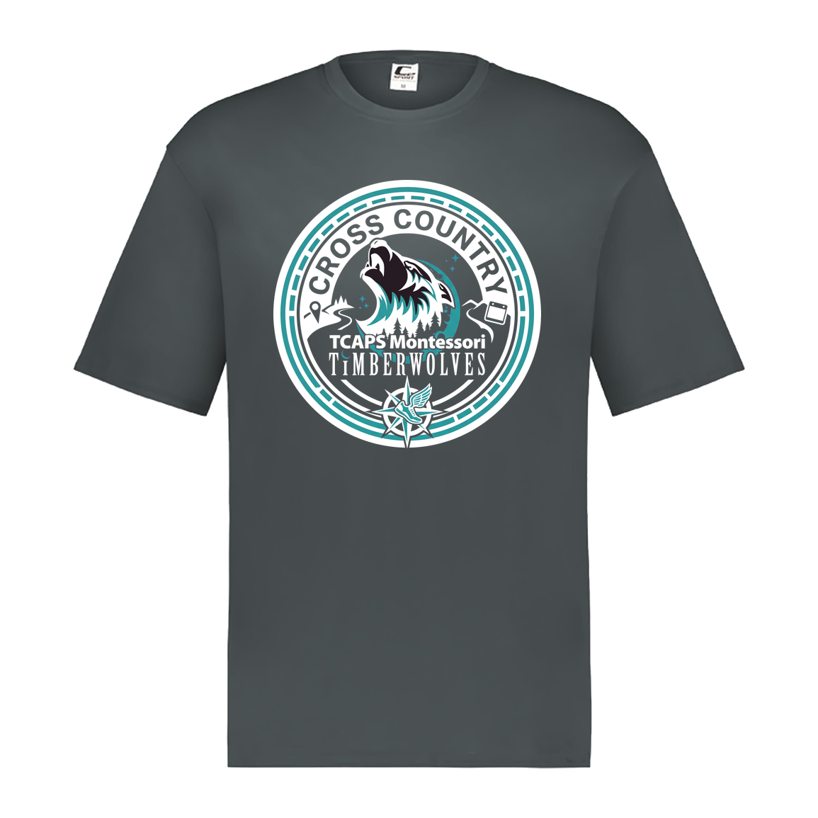 tcaps-montessori-cross-country-seal-white-c2-mens-performance-short-sleeve-tee — Graphite — Front — source sha256 4ba55b0079633a2f8b0f166149f0aff6e58552ac50f8d1832e9fa29fb56dd925 — Color position 2