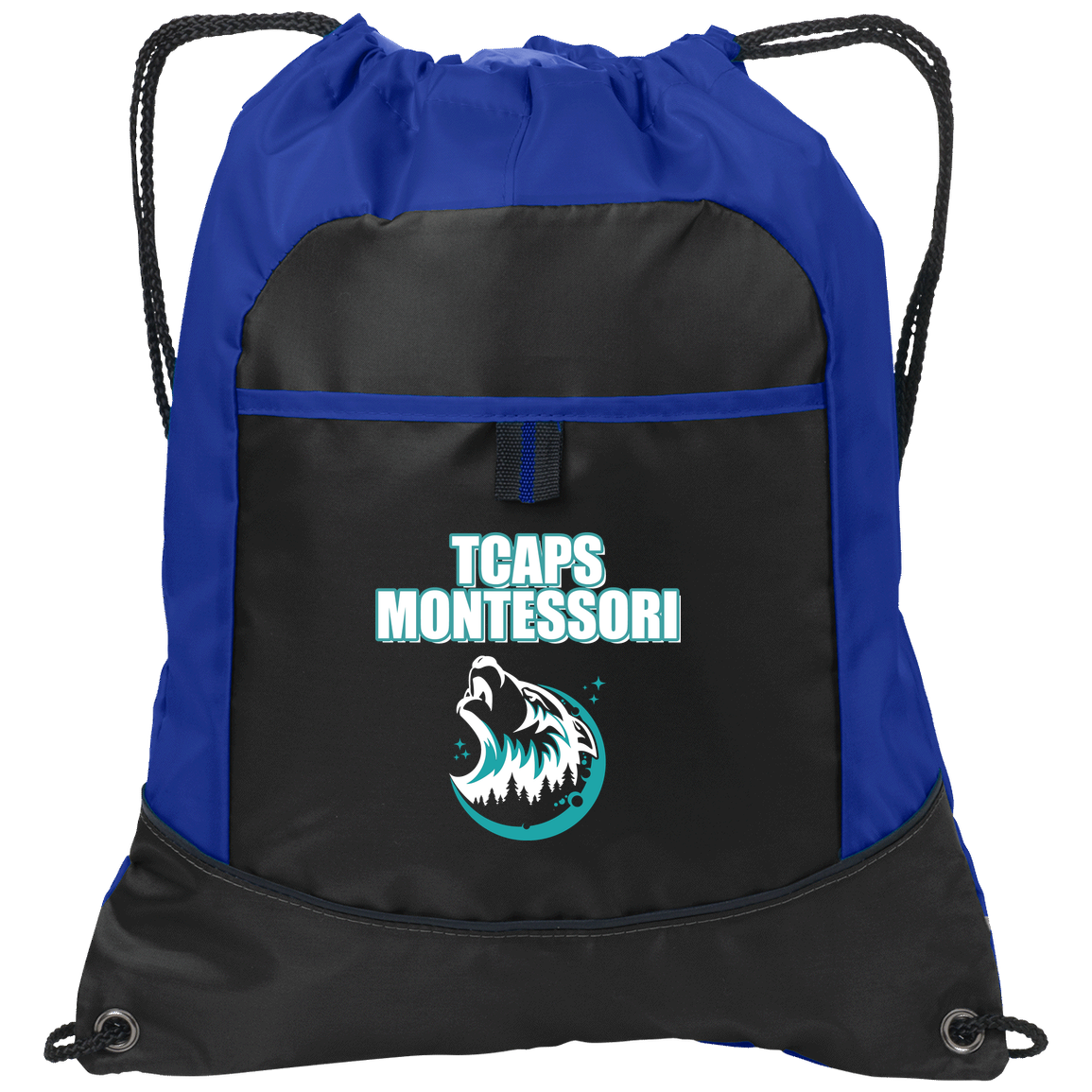 tcaps-montessori-echo-timberwolf-white-port-authority-pocket-cinch-pack — Black/Hyper Blue — Front — source sha256 4ee37c278927310936ad788f67d84eef88dd6667bddce111d647399a6b486f2d — Color position 2