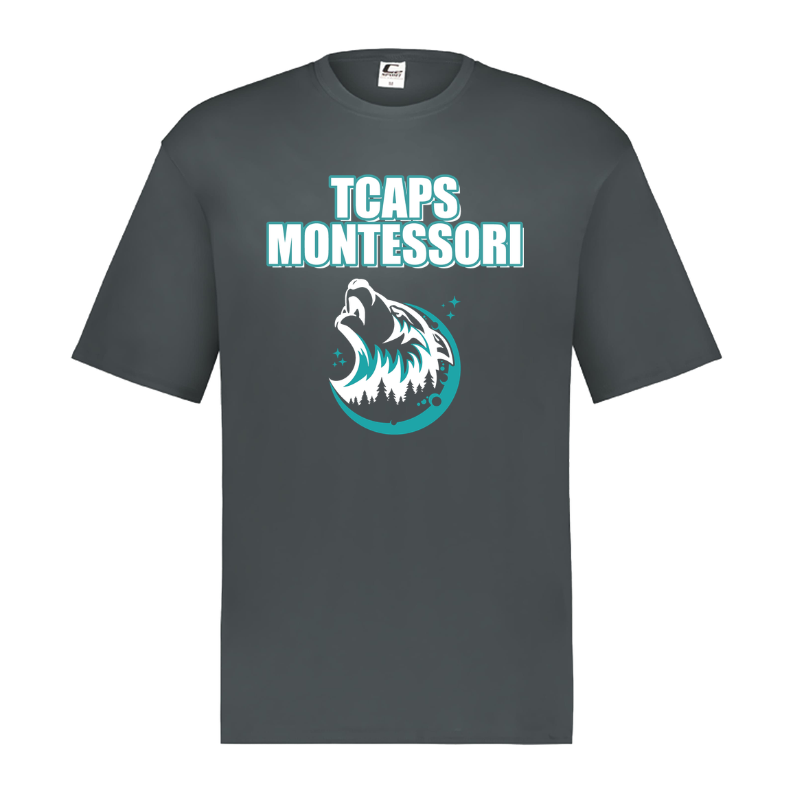 tcaps-montessori-echo-timberwolf-white-c2-mens-performance-short-sleeve-tee — Graphite — Front — source sha256 8c0791802fddbae823dee6f2d03f73ebf43e076e936585b04b69b242319cdab6 — Color position 2